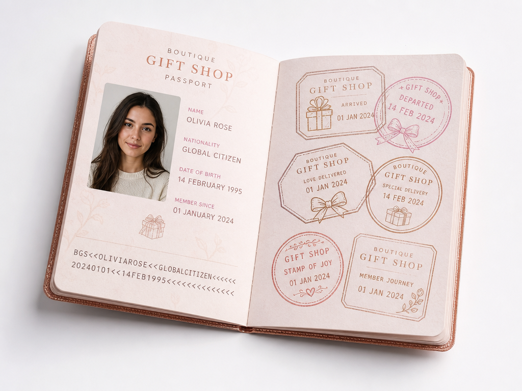 Gift Shop / Boutique passport shown closed and opened to two interior pages