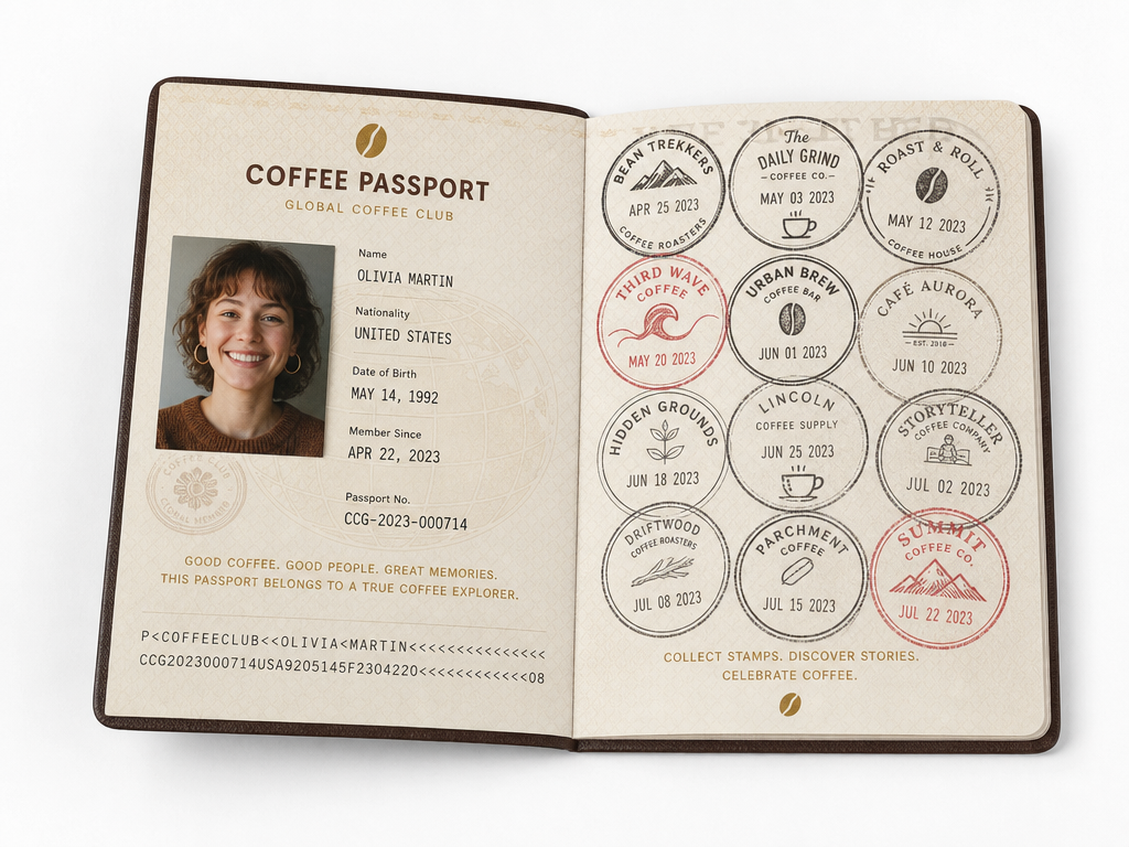 Coffee Shop passport shown closed and opened to two interior pages