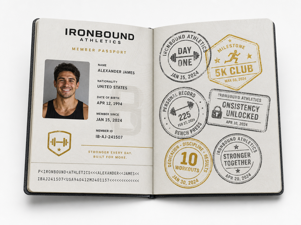 Gym & Fitness passport shown closed and opened to two interior pages