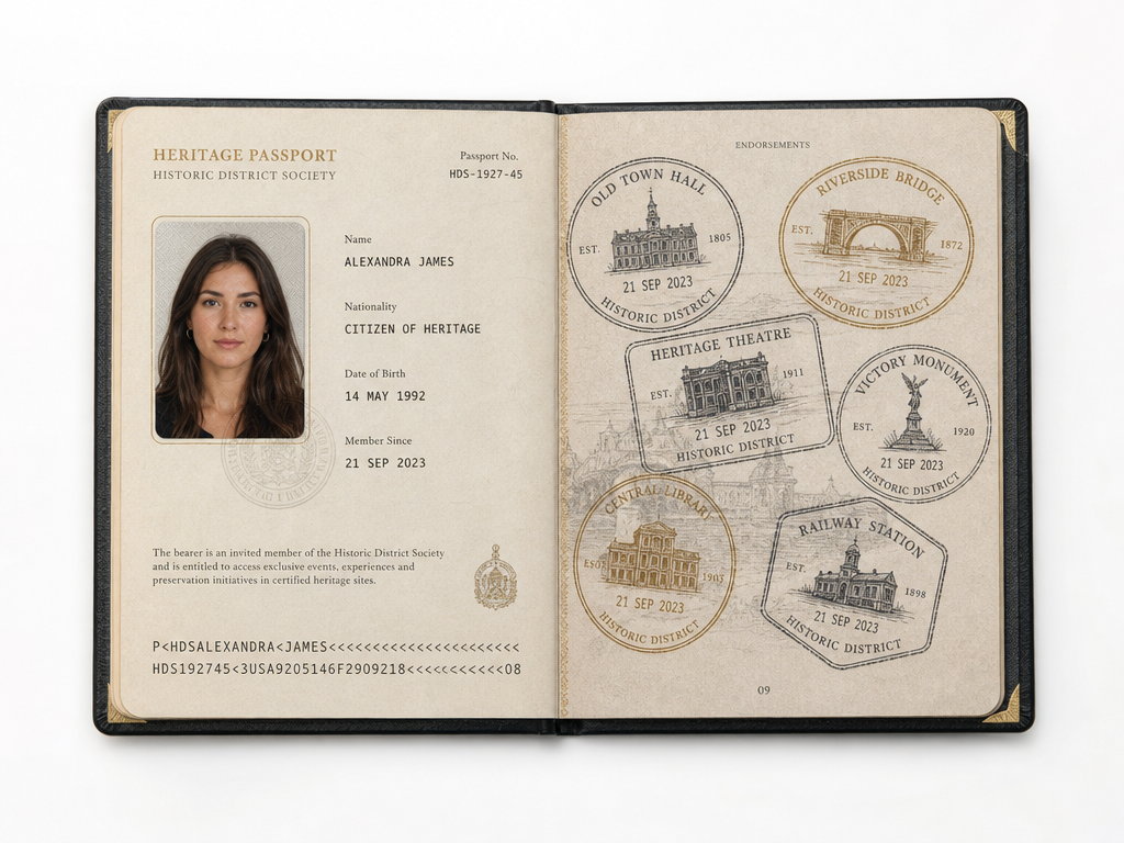 Historic District passport shown closed and opened to two interior pages