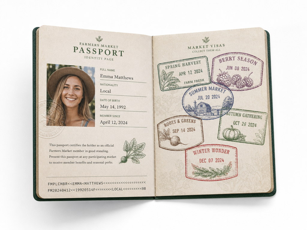 Farmers Market passport shown closed and opened to two interior pages