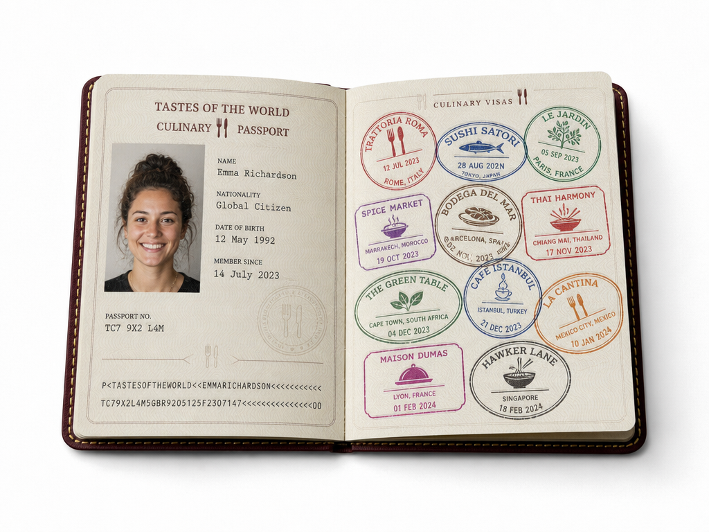 Restaurant passport shown closed and opened to two interior pages