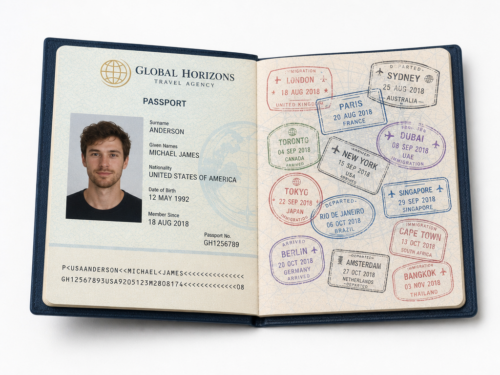 Travel Agency passport shown closed and opened to two interior pages