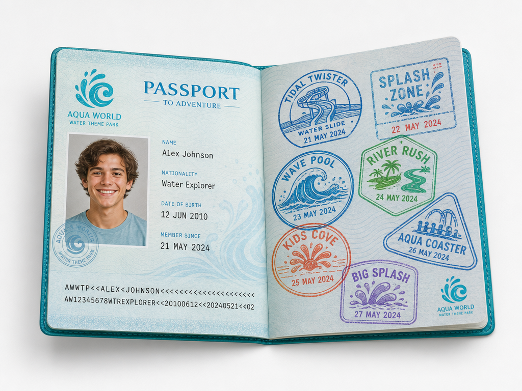 Water Theme Park passport shown closed and opened to two interior pages